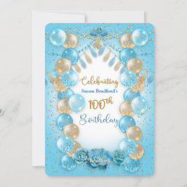 100. Geburtstag Ladys Blue Gold Balloons Design Einladung