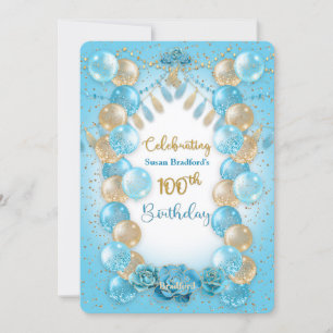 100. Geburtstag Ladys Blue Gold Balloons Design Einladung