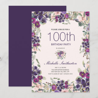 100. Geburtstag Lila florale Elegant Chic Einladung