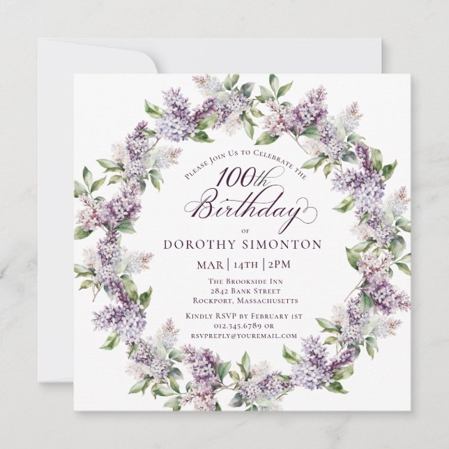 100. Geburtstag Lila Lilac Spring Blume Square Einladung (Vorderseite)