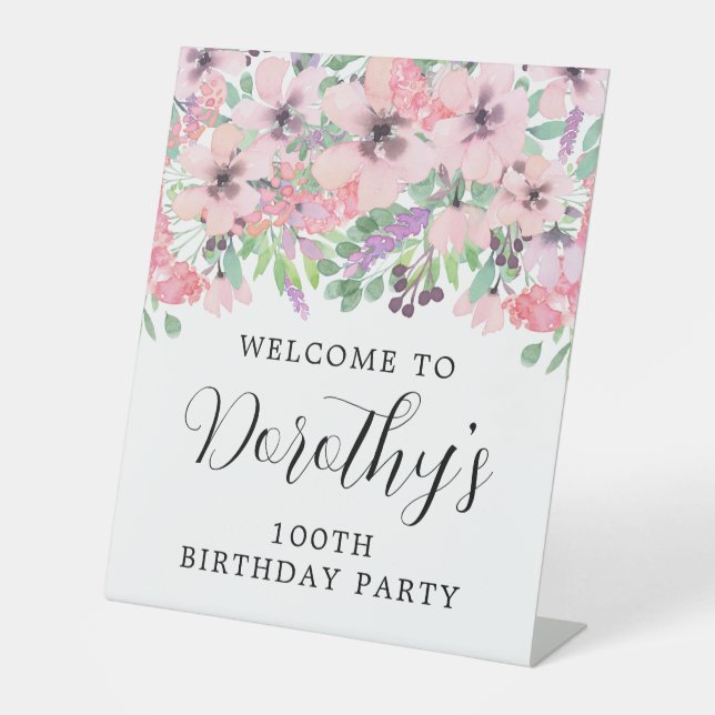 100. Geburtstag Lila rosa Wildblume Willkommen Sockelschild (Vorderseite)