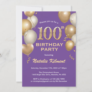 100. Geburtstag Lila und Gold Glitzer Balloons Einladung