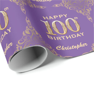 100. Geburtstag Lila und Gold Glitzer Frame Geschenkpapier