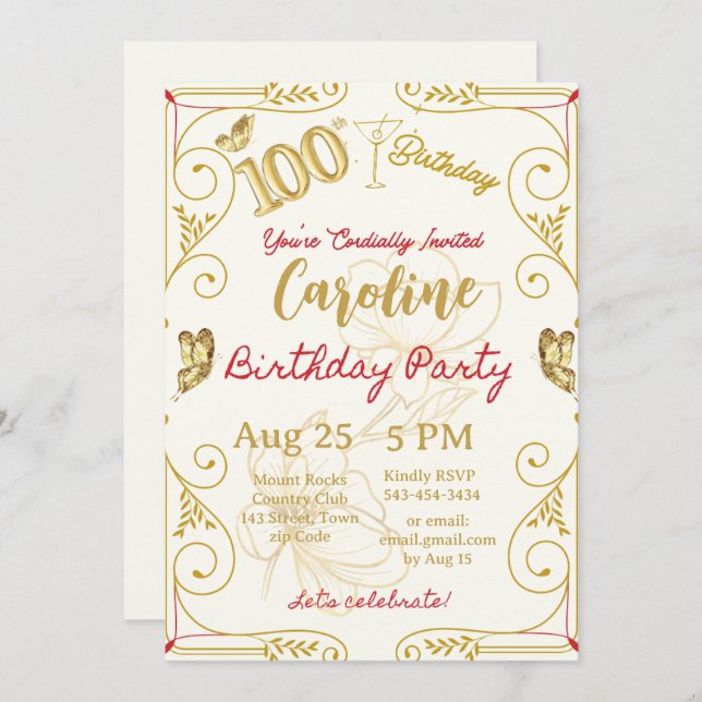 100. Geburtstag Meilenstein Elegant Einladung (Vorne/Hinten)