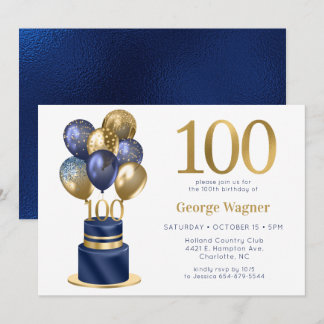 100. Geburtstag Navy Blue Balloon Cake Einladung