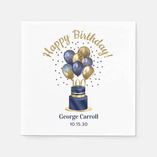 100. Geburtstag Navy Blue Balloon Cake Serviette (Vorderseite)