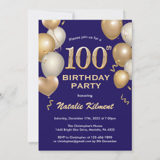 100. Geburtstag Navy Blue und Gold Glitzer Balloon Einladung