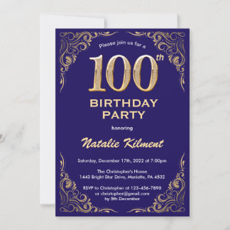 100. Geburtstag Navy Blue und Gold Glitzer Frame Einladung