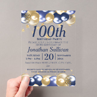 100. Geburtstag Navy Gold Ballons Party Acryleinladungen