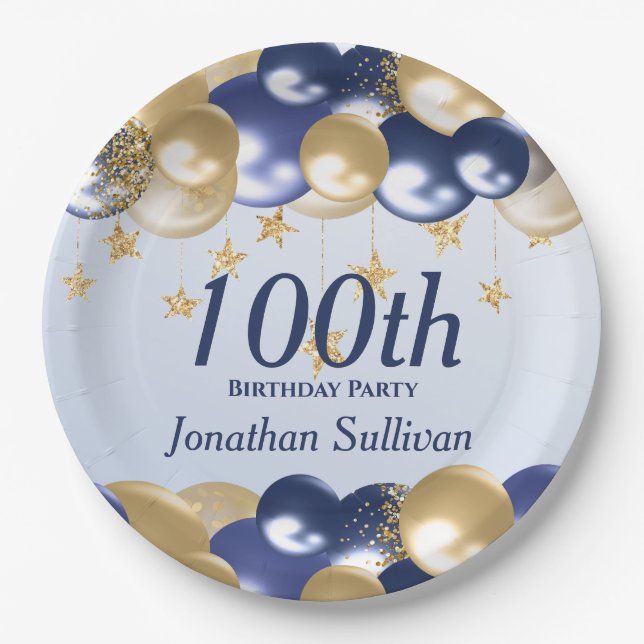 100. Geburtstag Navy Gold Ballons Party Pappteller (Vorderseite)