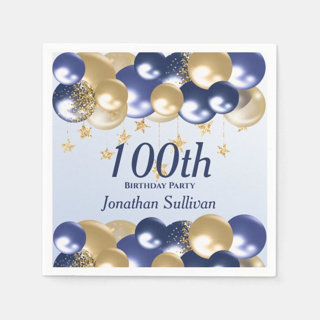 100. Geburtstag Navy Gold Ballons Party Serviette (Vorderseite)