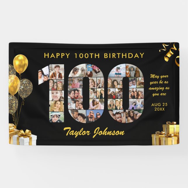 100. Geburtstag Nummer 100 Fotocollage Schwarz Gol Banner (Horizontal)