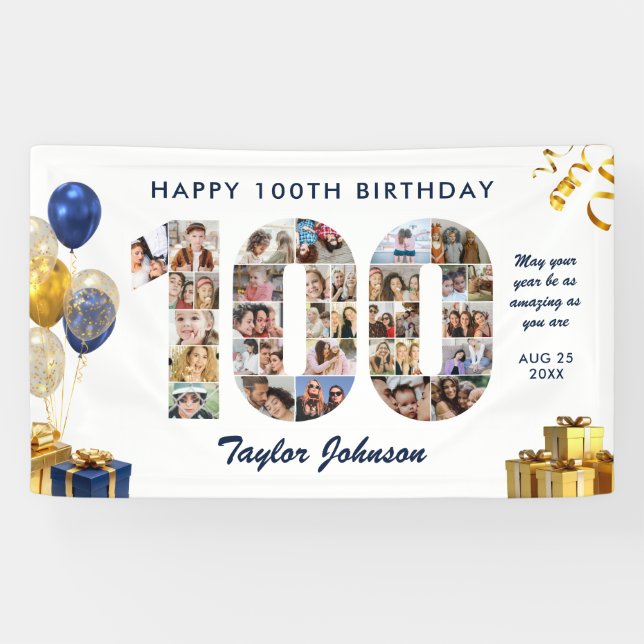100. Geburtstag Nummer 100 Fotocollage Weiß Gold Banner (Horizontal)