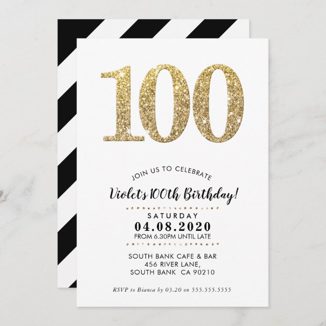 100. GEBURTSTAG PARTY INVITE Moderner Glitzer Einladung (Vorne/Hinten)