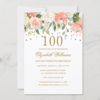 100. Geburtstag Peach Gold Floral Einladung