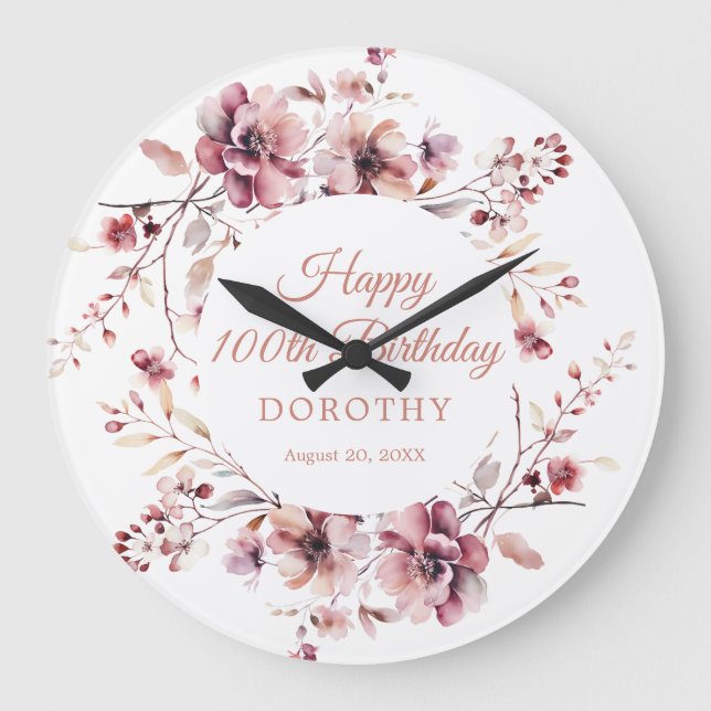 100. Geburtstag Personalisiert Burgundy Pink Flora Große Wanduhr (Vorderseite)
