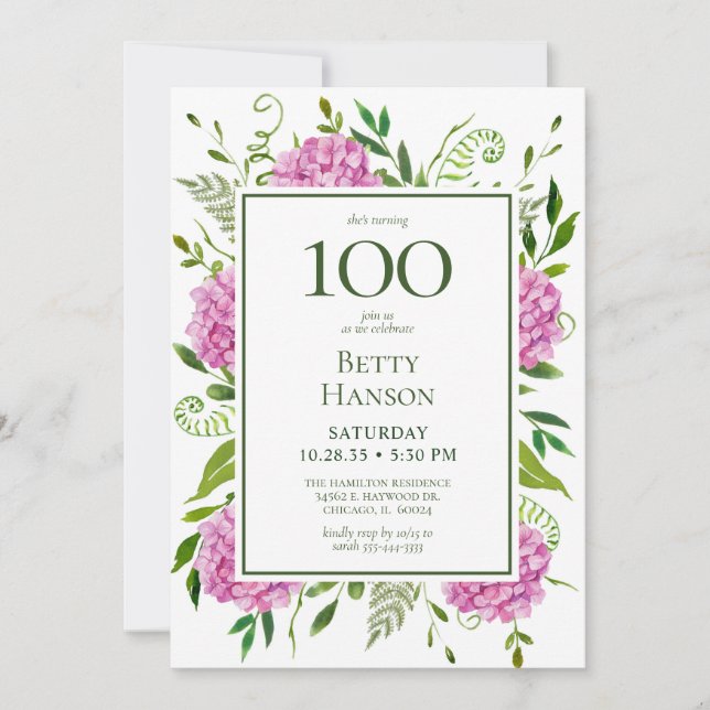100. Geburtstag Pink Hydrangeas Card Anfrage Einladung (Vorderseite)