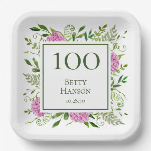 100. Geburtstag Pink Hydrangeas Pappteller