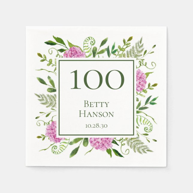 100. Geburtstag Pink Hydrangeas Serviette (Vorderseite)
