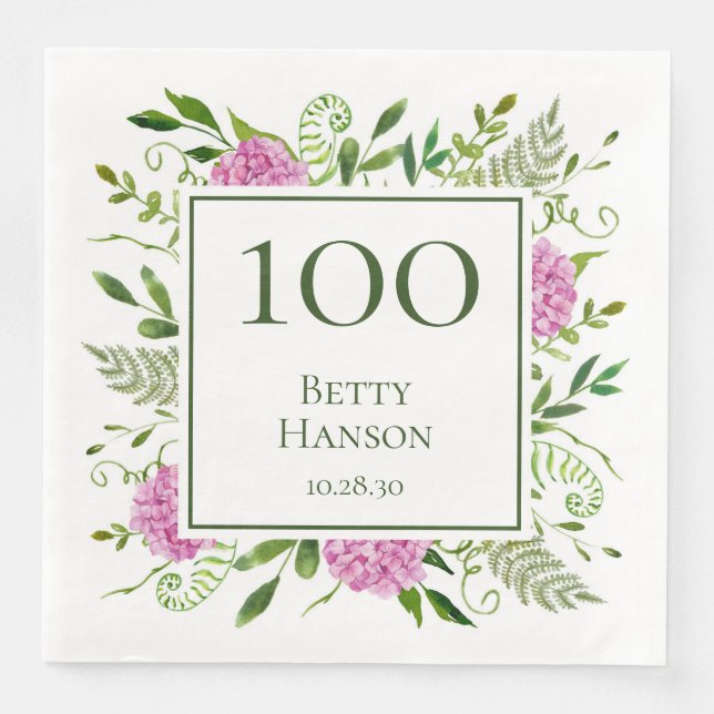 100. Geburtstag Pink Hydrangeas Serviette (Vorderseite)