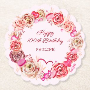 100. Geburtstag Pink Roses Wirbles Herz Untersetzer