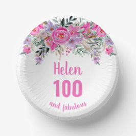100. Geburtstag rosa Aquarellblüte Pappteller