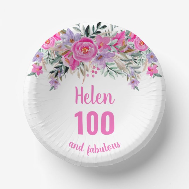 100. Geburtstag rosa Aquarellblüte Pappteller (Vorderseite)