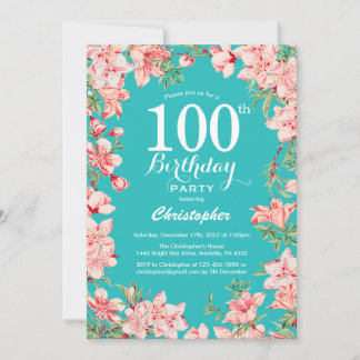 100. Geburtstag Rosa Blume Aquamarin Hintergrund Einladung