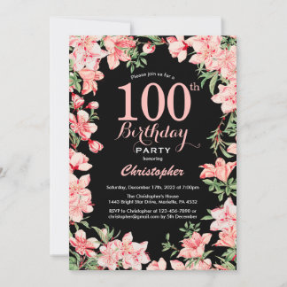 100. Geburtstag Rosa Blume Schwarzer Hintergrund Einladung