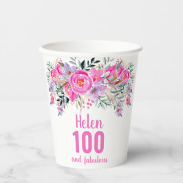 100. Geburtstag rosa Blumenbecher Pappbecher