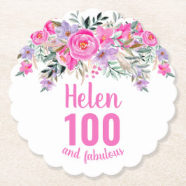 100. Geburtstag rosa Blumenschrift Untersetzer