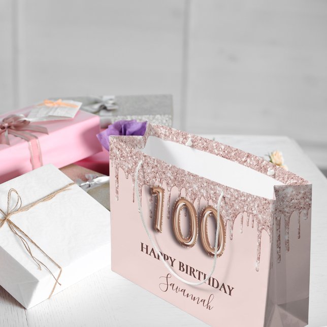 100. Geburtstag Rosa Glitzer Tropfen Rose Gold Große Geschenktüte (Von Creator hochgeladen)