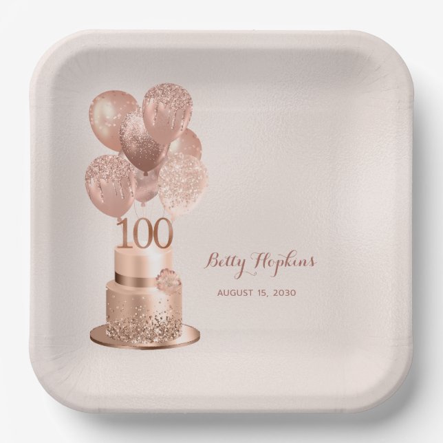 100. Geburtstag Rose Gold Cake Paper Plate Pappteller (Vorderseite)