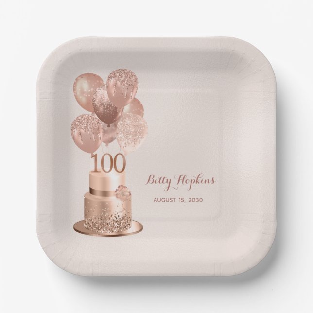 100. Geburtstag Rose Gold Cake Paper Plate Pappteller (Vorderseite)