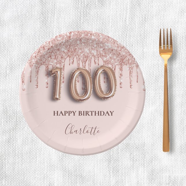 100. Geburtstag Rose Gold Glitzer Rosa Ballon Chic Pappteller (Von Creator hochgeladen)
