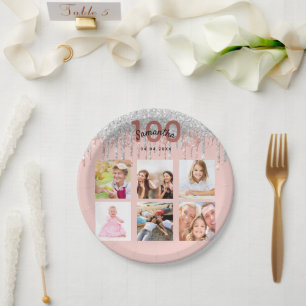 100. Geburtstag Rose Gold Glitzer Silber Foto Pappteller