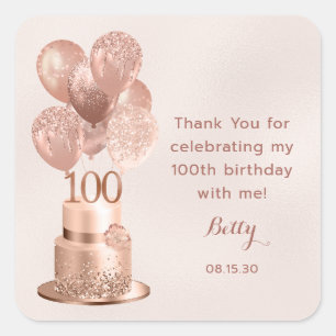 100. Geburtstag Roségold-Torte Danke Quadratischer Aufkleber