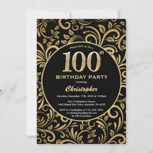 100. Geburtstag Schwarz und Gold Floral Muster Einladung