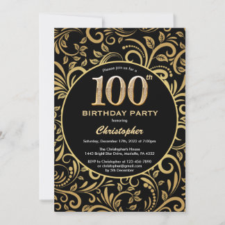 100. Geburtstag Schwarz und Gold Floral Muster Einladung