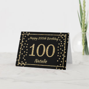 100. Geburtstag Schwarz und Gold Glitter Konfetti Karte