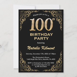 100. Geburtstag Schwarz und Gold Glitzer Rahmen Einladung