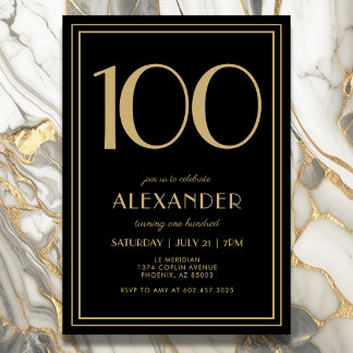 100. Geburtstag Schwarz und Gold Modern Minimal Er Einladung