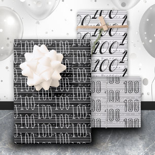 100. Geburtstag Schwarz-weiße Typografiknummern Geschenkpapier Set