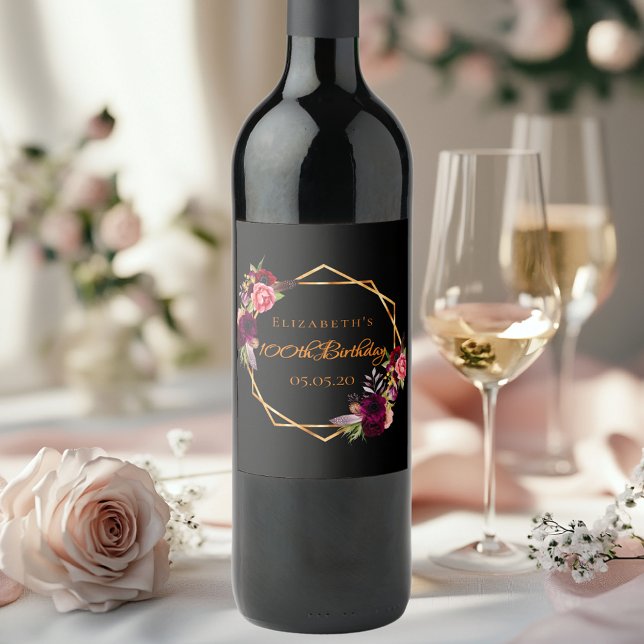 100. Geburtstag schwarzen goldenen Blumenburgund Weinetikett (Von Creator hochgeladen)