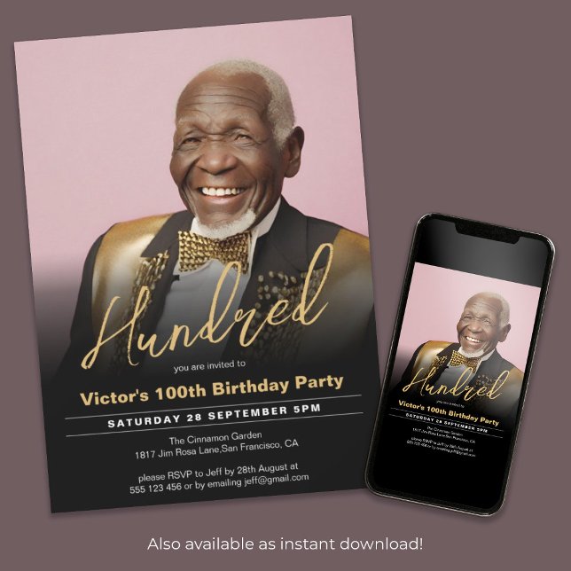 100. Geburtstag Schwarzes Gold Minimal Modernes Fo Einladung (100th Birthday Black Gold Minimal Modern Photo Invitation)