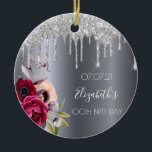100. Geburtstag Silberner Glitzer Tropfen bordeaux Keramik Ornament<br><div class="desc">Ein Ornament zum 100. Geburtstag. Ein dunkles Imitat silber metallisch aussehender Hintergrund. Mit dunklen lila und bordeauxfarbenen Blume und Rose rosa, Imitate silberne Glitzer tropfen, Farbe Tropfen aussehen. Vorlagen für den Namen, das Datum und das Alter von 100 Jahren. Der Name ist mit einem weißen, modernen, handgeschriebenen Stil geschrieben. Perfekt...</div>