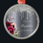 100. Geburtstag Silberner Glitzer Tropfen Flora Ornament Aus Metall<br><div class="desc">Ein Ornament zum 100. Geburtstag. Ein dunkles Imitat silber metallisch aussehender Hintergrund. Mit dunklen lila und bordeauxfarbenen Blume und Rose rosa, Imitate silberne Glitzer tropfen, Farbe Tropfen aussehen. Vorlagen für einen Namen, Datum und Alter von 100 Jahren. Der Name ist mit einem weißen, modernen, handgeschriebenen Stil geschrieben. Perfekt wie Winterdekoration,...</div>