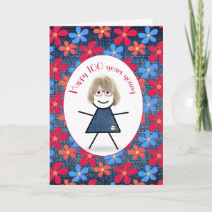 100. Geburtstag Stick Girl und Gänseblümchen auf D Karte