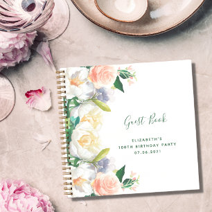 100. Geburtstag üppige Blumen weißes Pfirsichbuch Notizbuch