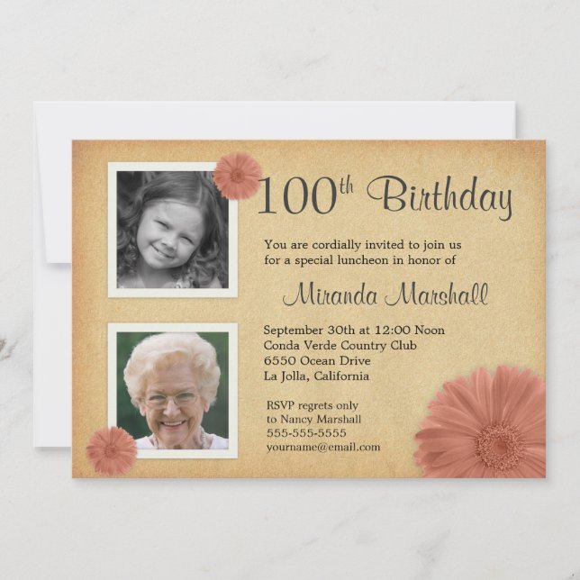 100. Geburtstag Vintag Daisy 2 Foto Einladungen (Vorderseite)
